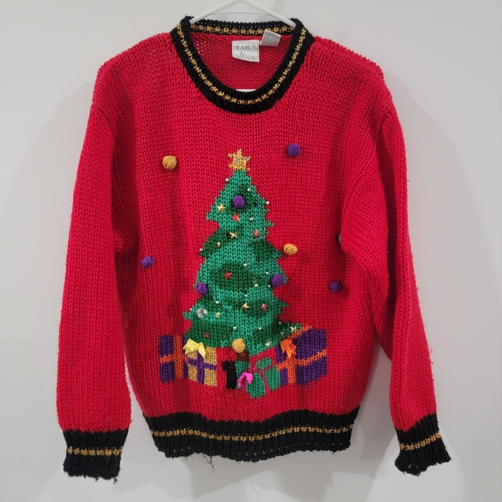 Vintage Womens Ugly Christmas Sweater Size Large Tree Beaded Retro‎